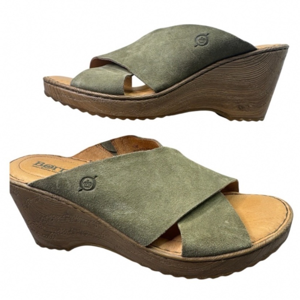 Born Khelk Olive Green Suede Crisscross Wedge Sandals Mules BR0036129 Womens 10M